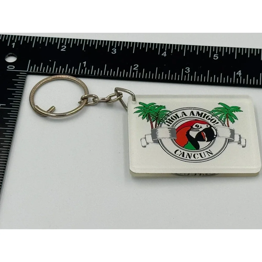 Vintage‎ Hola Amigo Cancun Keychain Macaw Parrot Palm Tropical Souvenir Mexico